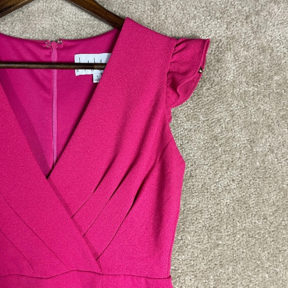 Nicole Miller Sheath Dress NWTSize 4 Pink Ruffle Sleeve V-Neck Stretch Crepe - Picture 4 of 12